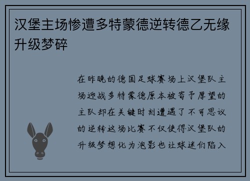 汉堡主场惨遭多特蒙德逆转德乙无缘升级梦碎