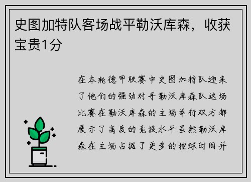 史图加特队客场战平勒沃库森，收获宝贵1分